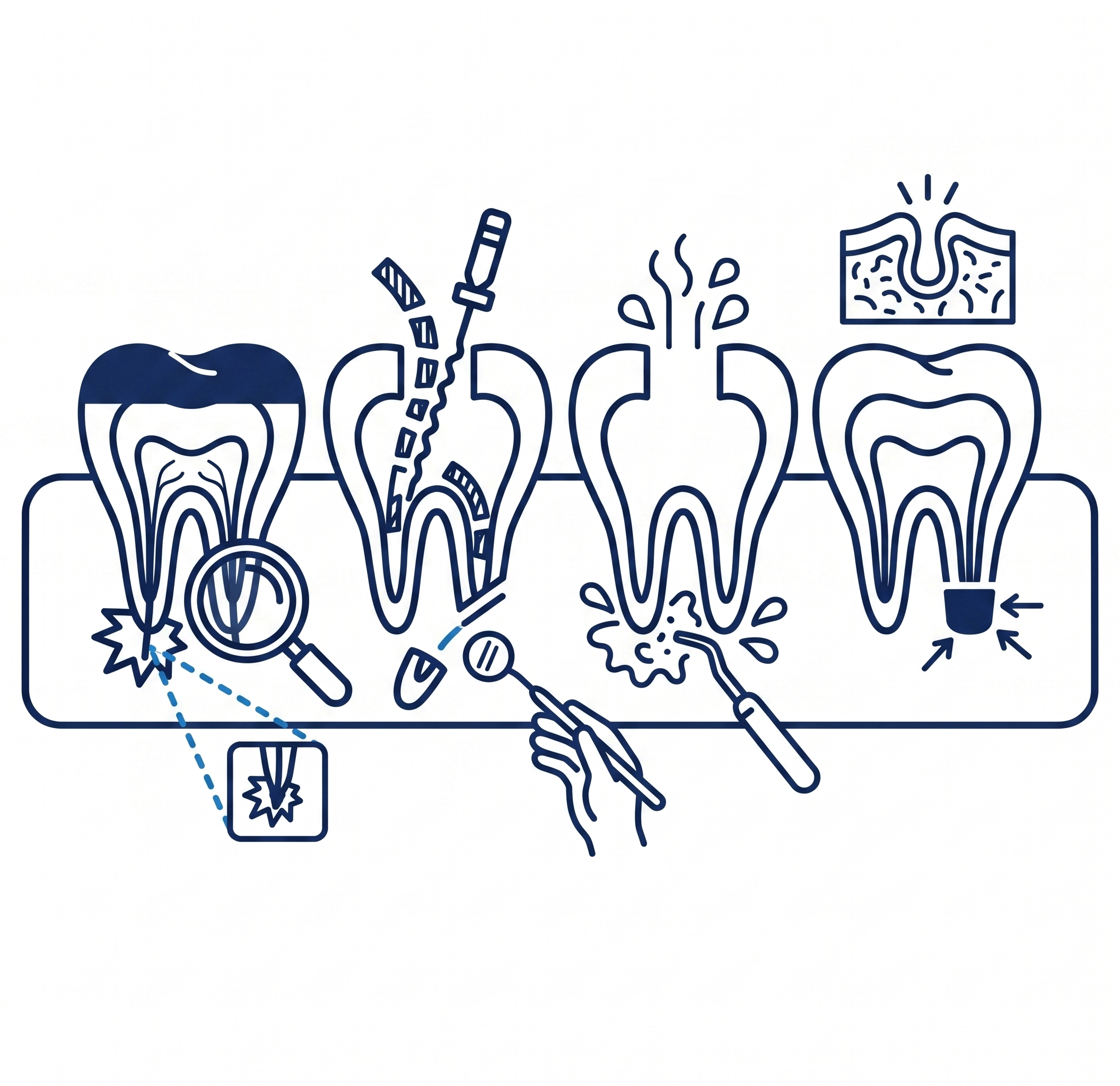 Diagram illustrating apical surgery (apicoectomy) — diagnosis of persistent periapical pathology, surgical access, root-end resection, and bioceramic retrograde filling